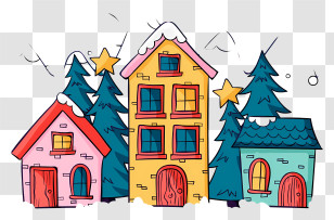 Snow Covered Trees - Colorful Doodle Houses For Winter Celebration Transparent PNG