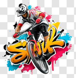 Dynamic Sport Shot - Leaning Mountain Biker With Graffiti Transparent PNG