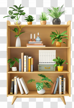 Bookcase - Wooden Bookshelf Decorated With Plants Illustration Transparent PNG