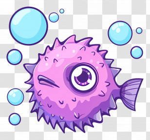 Cute Pufferfish - Purple Pufferfish With Bubbles Transparent PNG
