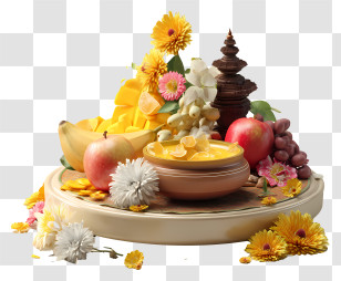 Vishu Kani - Vibrant Fruit And Flower Arrangement Transparent PNG