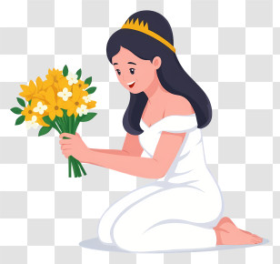 Bride Holding A Bouquet - Kneeling Bride With Yellow Bouquet Transparent PNG