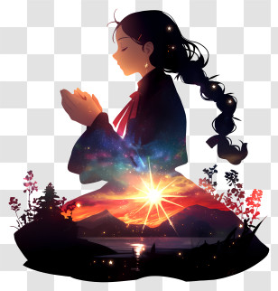 Star Light Girl Silhouette - Cosmic Silhouette Of Praying Girl Transparent PNG