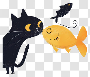 Cute Cat Kissing Fish - Black Cat And Goldfish Transparent PNG