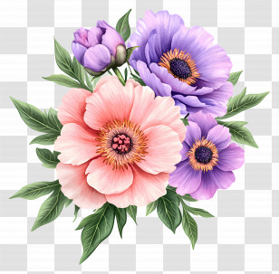 Pink Bouquet - Pink And Purple Flowers With Green Leaves Transparent PNG