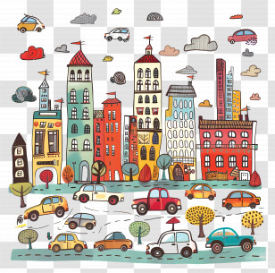 Cars In City - Cartoon Cityscape Illustration With Cars And Buildings Transparent PNG