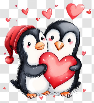 Hand Drawn Valentine Penguin - Penguins Holding A Heart Artwork Transparent PNG