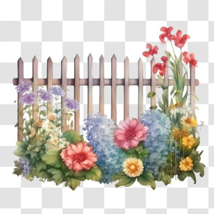 Wooden Garden Fence - Garden Fence With Colorful Flowers Transparent PNG