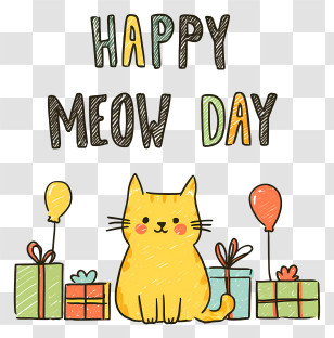 Happy Meow Day - Cat Celebrating With Gifts And Balloons Transparent PNG