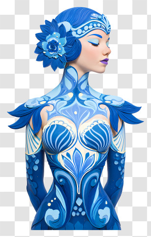 Bodypainting Day - Artistic Blue Painted Woman With Floral Design Transparent PNG