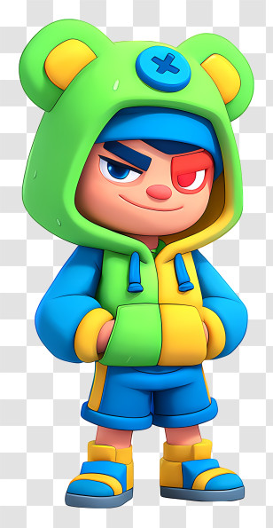 Leon From Brawl Stars - Cheeky Kid In Green Bear Hoodie Transparent PNG