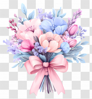 Pink Bouquet - Pastel Flower Bouquet With Ribbon Decoration Transparent PNG