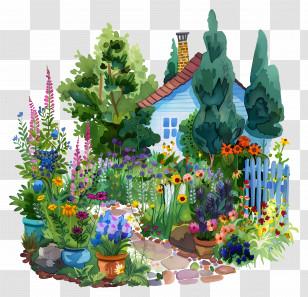 Garden Backyard Scene - Small Cute Doodle House With Garden Transparent PNG