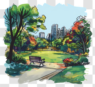 Park - Urban Park With Bench And Buildings Transparent PNG