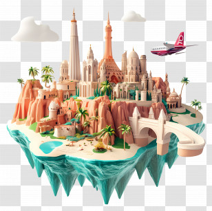 Wanderlust - Fantasy Floating Island With Castle And Airplane Transparent PNG