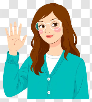 Girl With Glasses - Friendly Cartoon Woman Waving In Blue Cardigan Transparent PNG