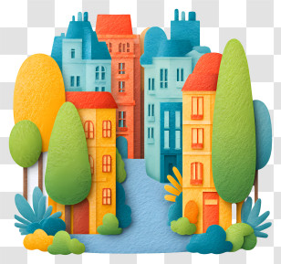 City Summer Street - Colorful Cityscape With Trees Transparent PNG