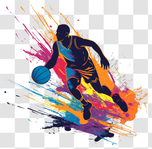 Basketball Silhouette - Dynamic Basketball Player In Action With Colorful Splash Transparent PNG