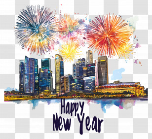 Happy New Year - Colorful Fireworks Over City Skyline For New Year Celebration Transparent PNG