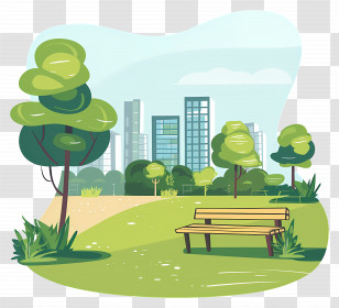City Park - Park Bench And City Buildings View Transparent PNG