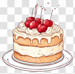 Cake Drawing - Birthday Cake With Cherries And Candle Transparent PNG