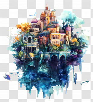 Lost Atlantis - Watercolor Fantasy Cityscape Transparent PNG