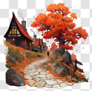 Autumn Alley - Peaceful Autumn Pathway With Cottages Transparent PNG