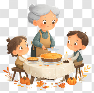 Grandmother Slicing Pumpkin Pie - Grandma Baking Pumpkin Pie With Kids Transparent PNG