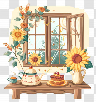 Cartoon Window - Cozy Autumn Window With Sunflowers And Warm Decor Transparent PNG