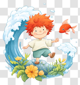Ghibli Ponyo - Red-Haired Child With Fish And Wave Transparent PNG