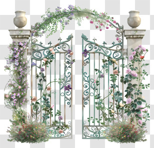 Spring Garden Gate Flowers - Decorative Floral Iron Gate For Gardens Transparent PNG