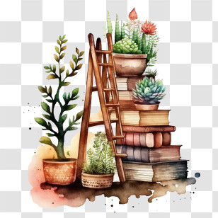 Stack Of Books
 - Watercolor Ladder With Plant Pots And Books Transparent PNG