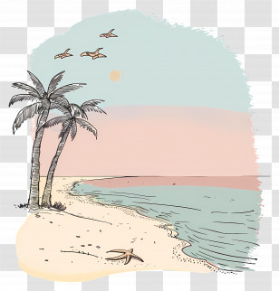 Beach Shore - Serene Beach Illustration With Palm Trees Transparent PNG