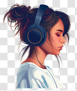 Listening To Music - Girl Wearing Headphones Digital Illustration Transparent PNG