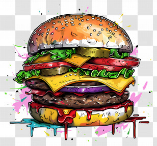Double Cheeseburger - Colorful Illustration Of A Cheeseburger With Toppings Transparent PNG