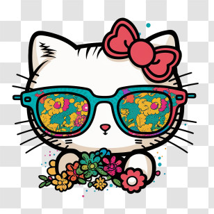 Hello Kitty
 - Cute Cat With Sunglasses And Flowers Transparent PNG