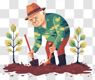 Old Man Planting Trees - Gardener Planting In The Field Transparent PNG