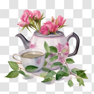 Teapot - Elegant Floral Teapot With Cup Transparent PNG