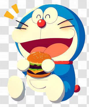 Doraemon - Blue Cat-like Cartoon Eating Burger Joyfully Transparent PNG