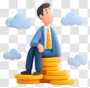 Man Sitting On Coins - Businessman Dreaming On Cloud Of Coins Transparent PNG