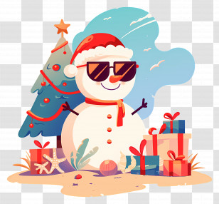 Beach Christmas Snowman - Christmas Snowman With Gifts And Tree Transparent PNG