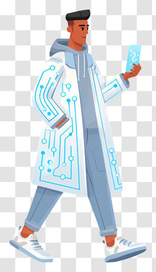 Futuristic Shopper Holding Smartphone - Stylish Tech Guy Illustration Transparent PNG