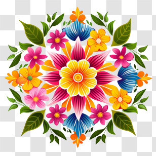 Onam Floral Rangoli - Colorful Floral Mandala With Leaves And Flowers Transparent PNG