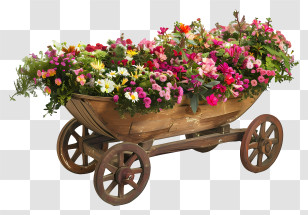 Wooden Garden Wheelbarrow - Flower-Filled Wooden Cart Illustration Transparent PNG