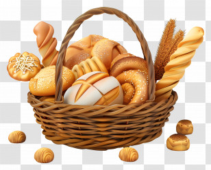 Breads In Basket - Wicker Basket Full Of Assorted Bread Transparent PNG