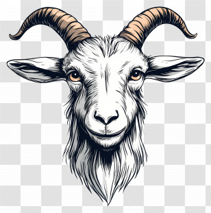 Goat Head - Illustrated Goat Head With Horns Transparent PNG
