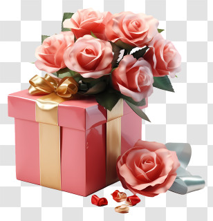 Gift Box - Pink Gift Box With Roses For Romantic Occasions Transparent PNG