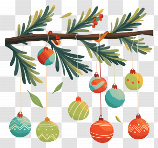 Christmas Balls On A Branch - Hanging Christmas Ornaments On Branch Transparent PNG
