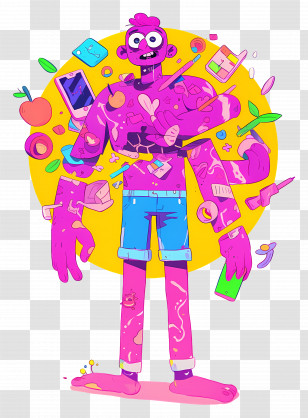 Pink Cartoon Character - Vibrant Multitasking Abstract Character Transparent PNG