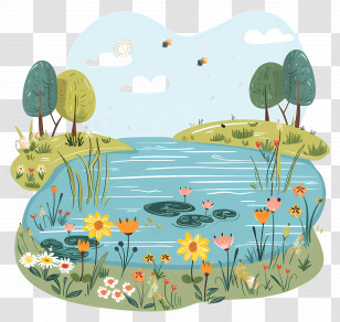Park Lake - Beautiful Pond With Flowers And Trees Transparent PNG